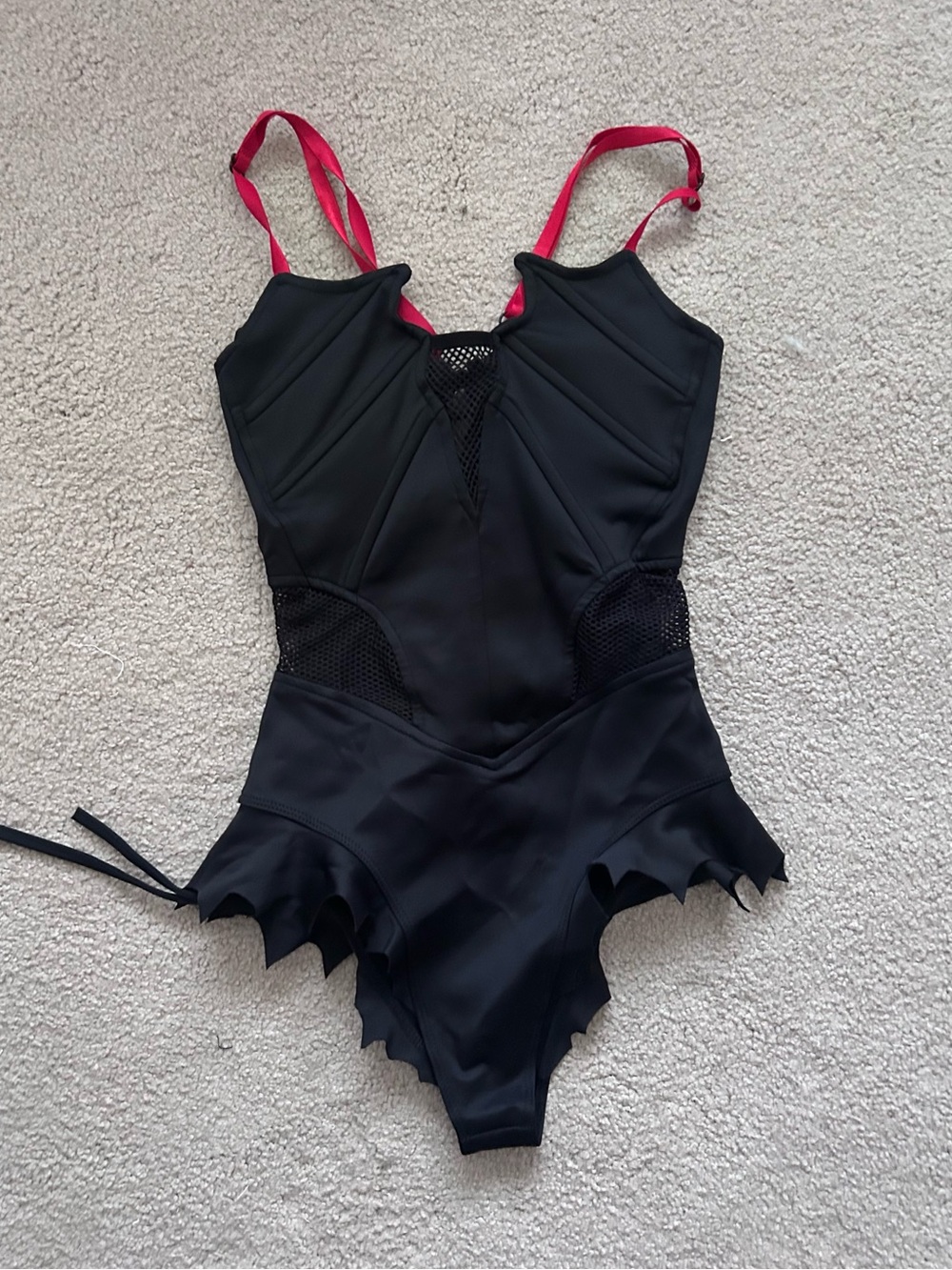 Sold out Forest Ink black Dracula’s Daughter one piece swimsuit with red straps